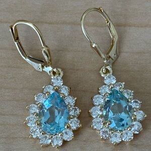 Gold Tone and Blue Topaz Teardrop Earrings/ marked 925/ measure 1.25 in length